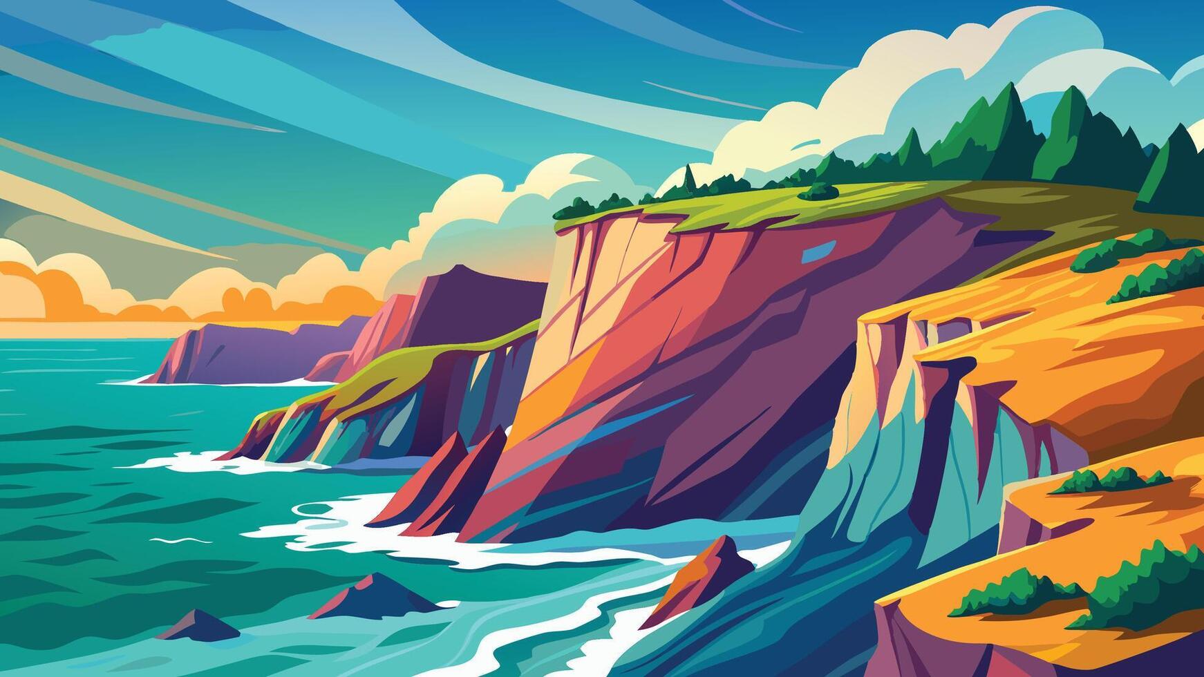 Vibrant Coastal Cliffs Dramatic Ocean Landscape Illustration Art vector