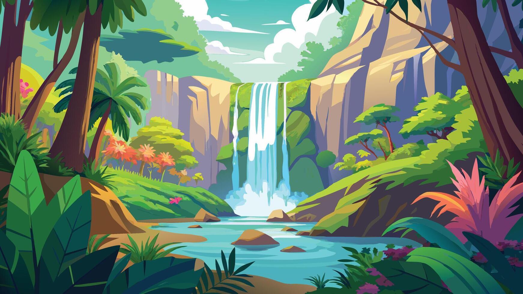 Lush Tropical Waterfall Scene Vibrant Green Jungle Landscape with Cascading Water vector