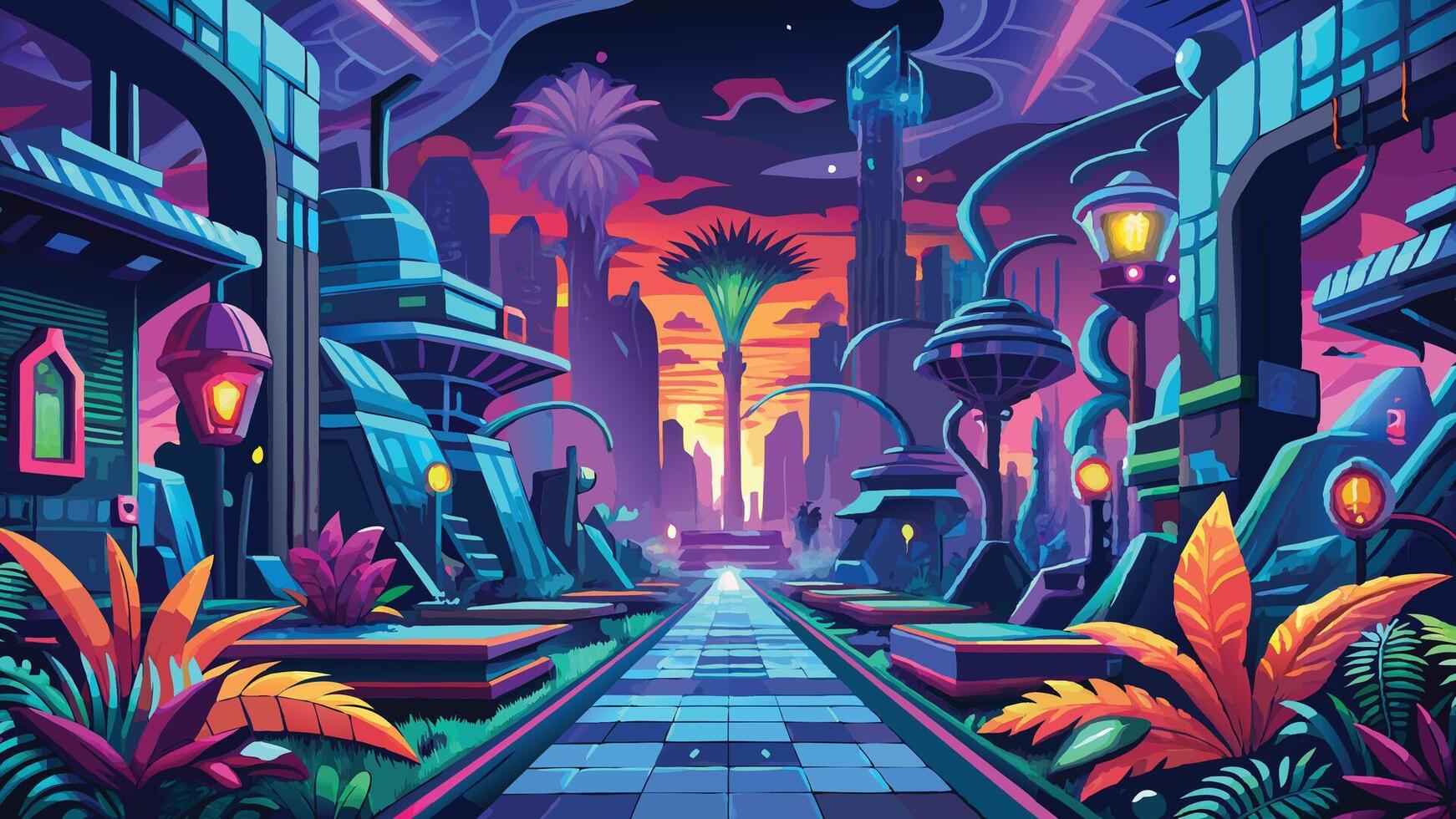 Vibrant Neon Cityscape at Sunset Futuristic Tropical Pathway Digital Art Illustration vector