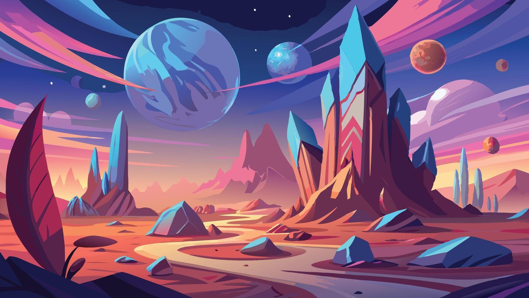 Vibrant Alien Planet Landscape Fantasy Art Illustration featuring Crystal Mountains and Planets vector
