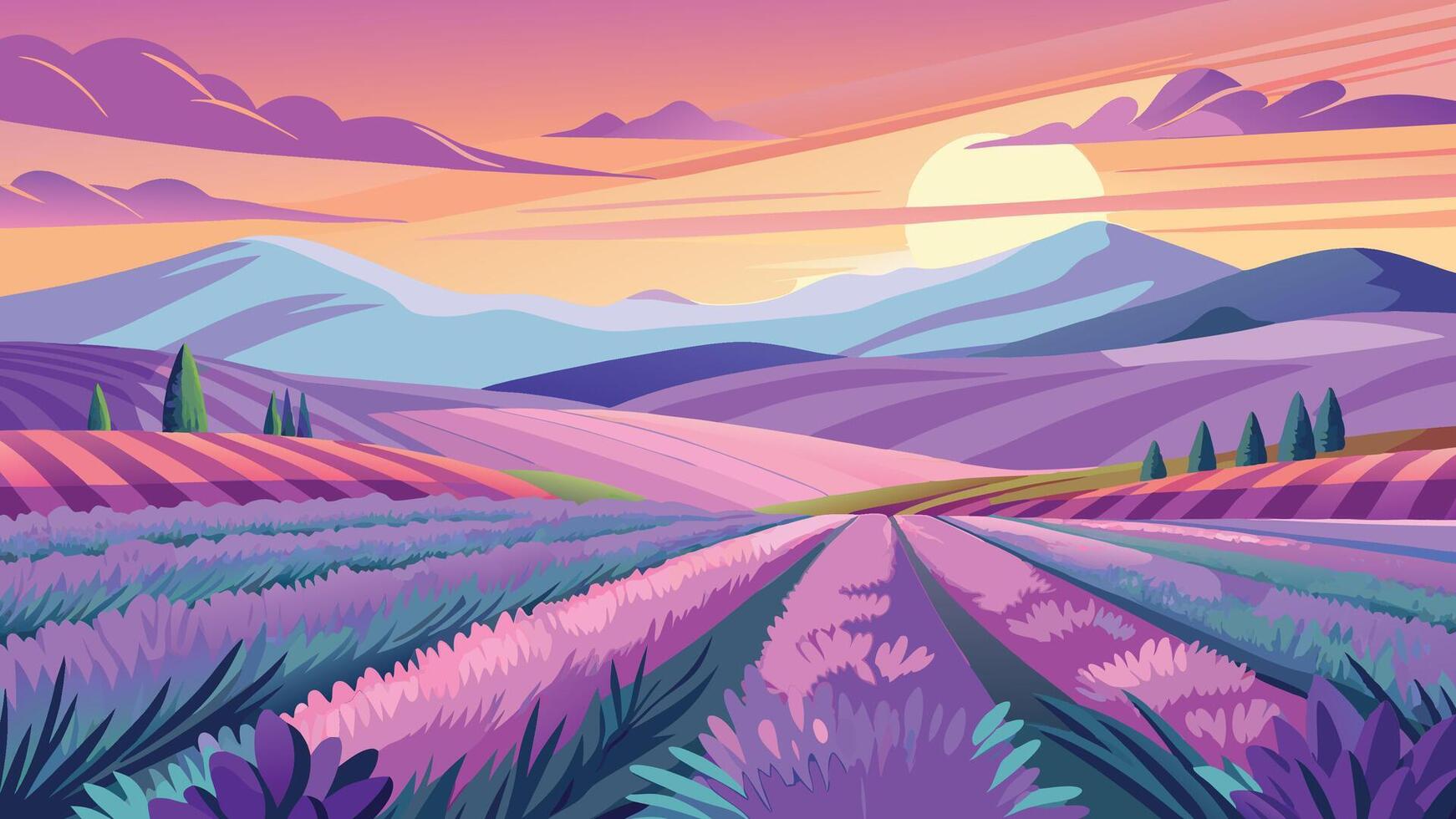Serene Sunset over Lavender Fields and Rolling Hills Peaceful Nature Landscape Illustration vector