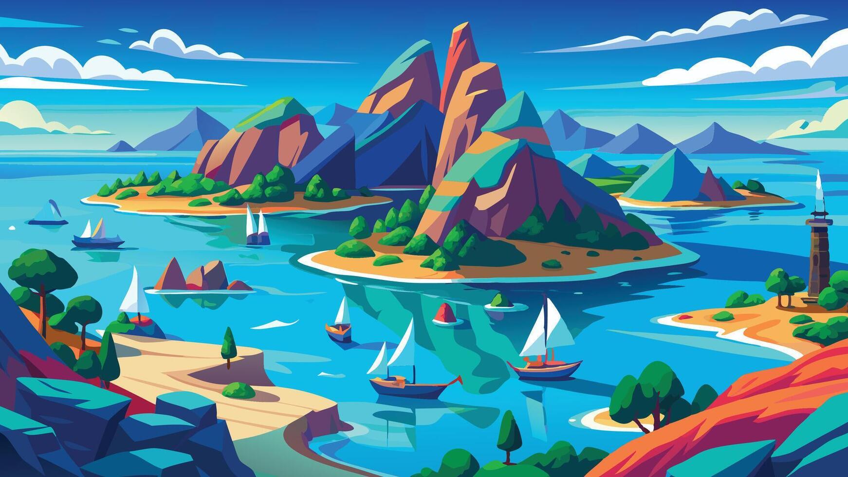 Idyllic Island Scene Sailboats on Calm Ocean Waters near Picturesque Mountains and Beaches vector