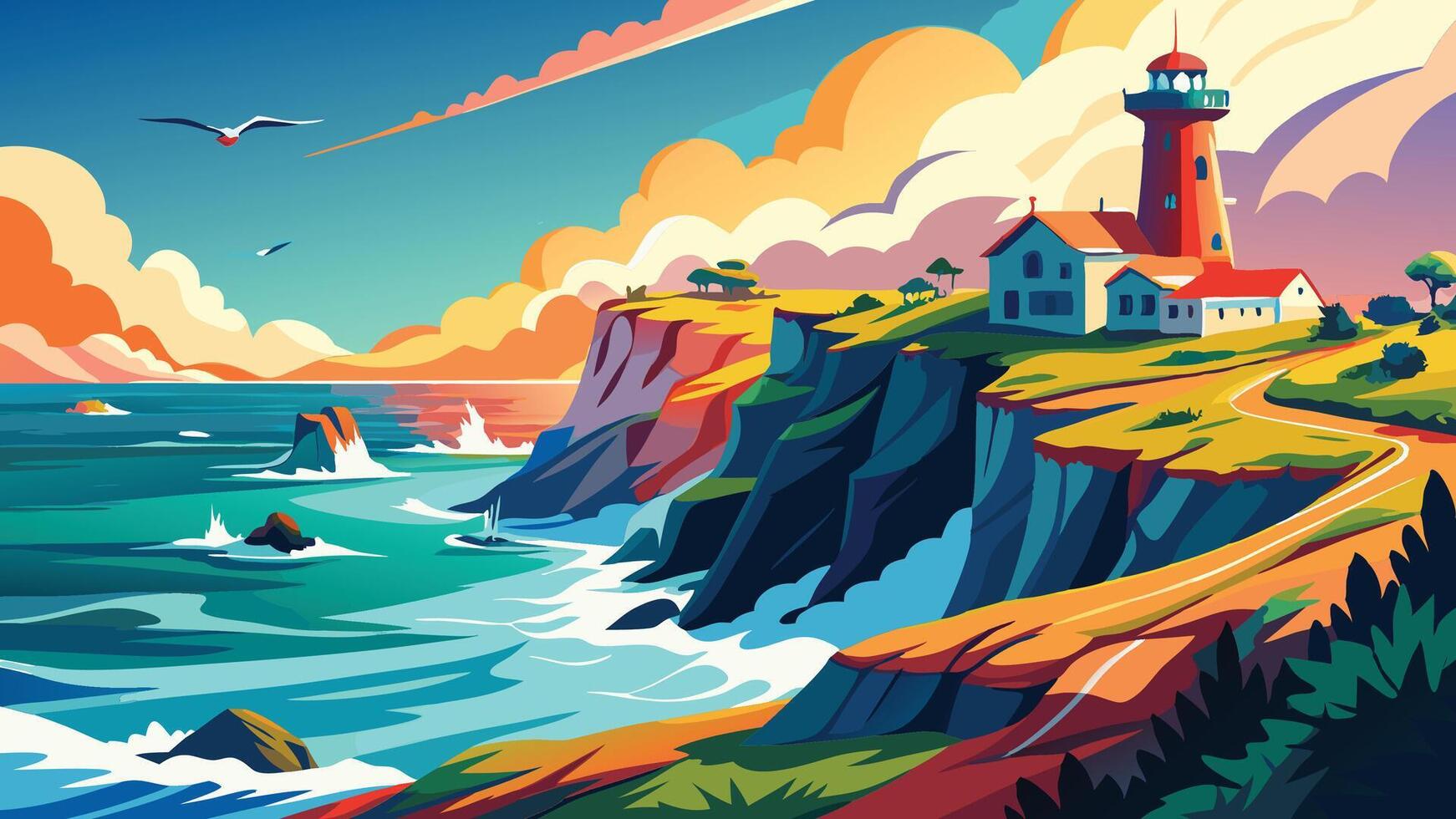 Vibrant Coastal Landscape with Lighthouse and Cliffside Houses at Sunset vector