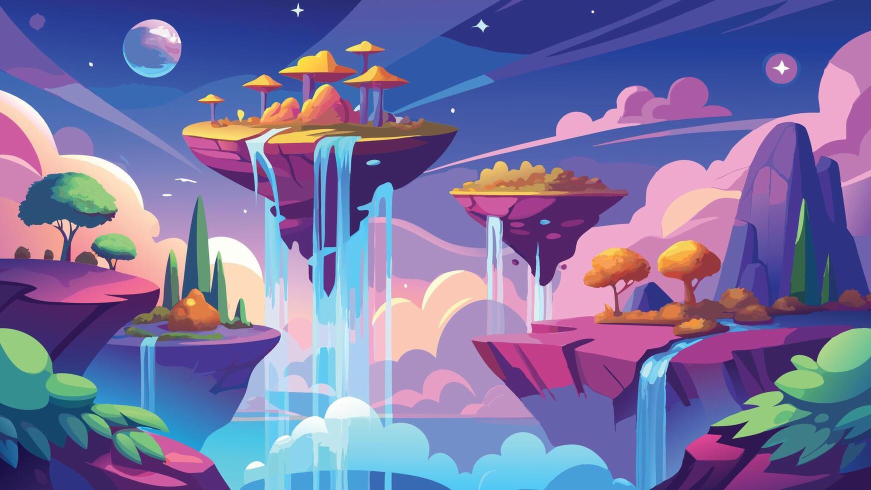 Fantasy Landscape with Floating Islands Waterfalls and vibrant colors vector