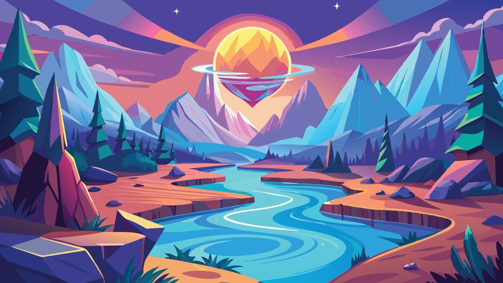 Serene River Landscape Vibrant Mountains Sunset Fantasy Art vector
