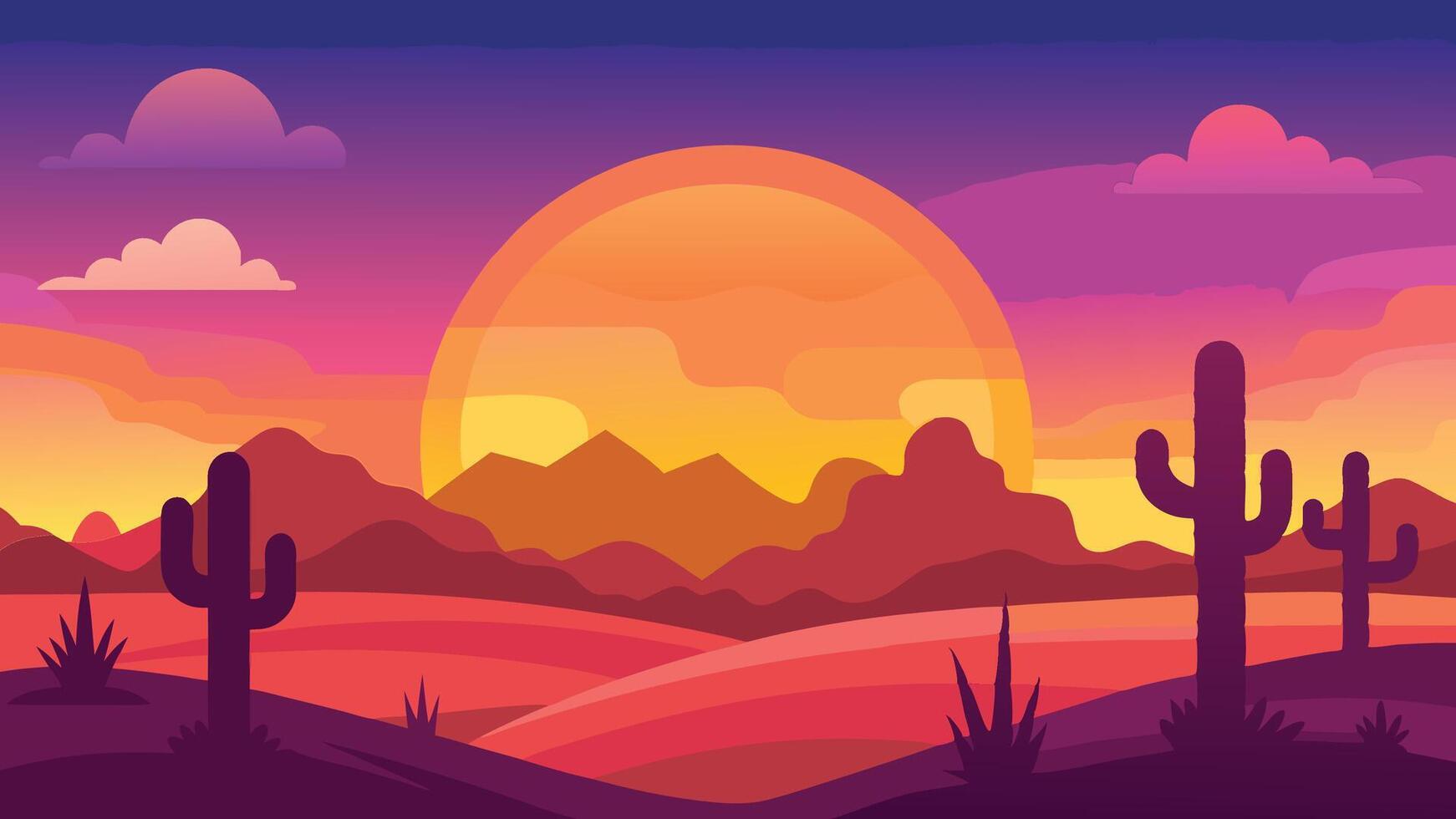 Stunning Desert Sunset Landscape Vibrant Colors and Silhouettes of Cacti at Golden Hour vector