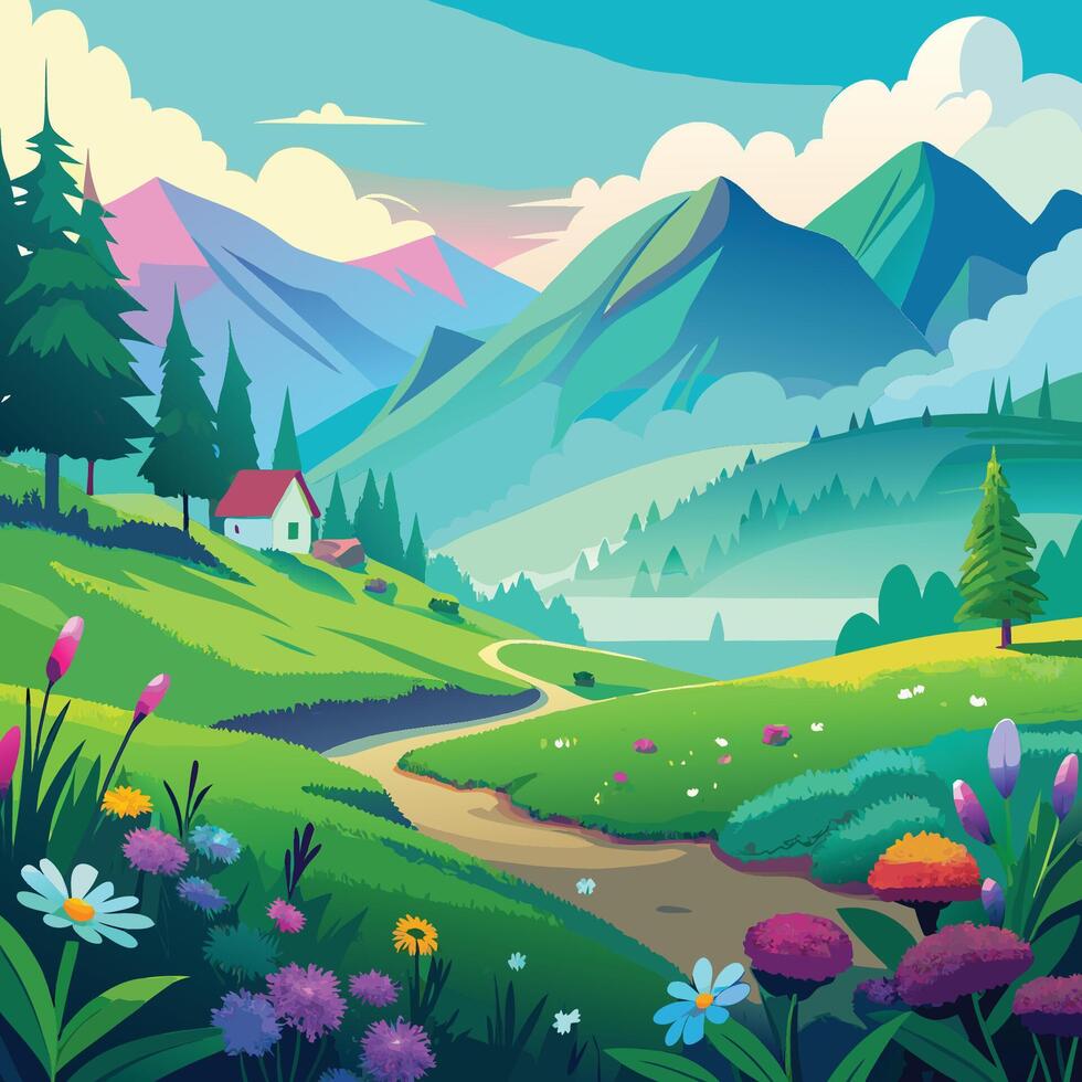 Serene Mountain Landscape Picturesque Valley Path Winding Towards a Tranquil Lake vector