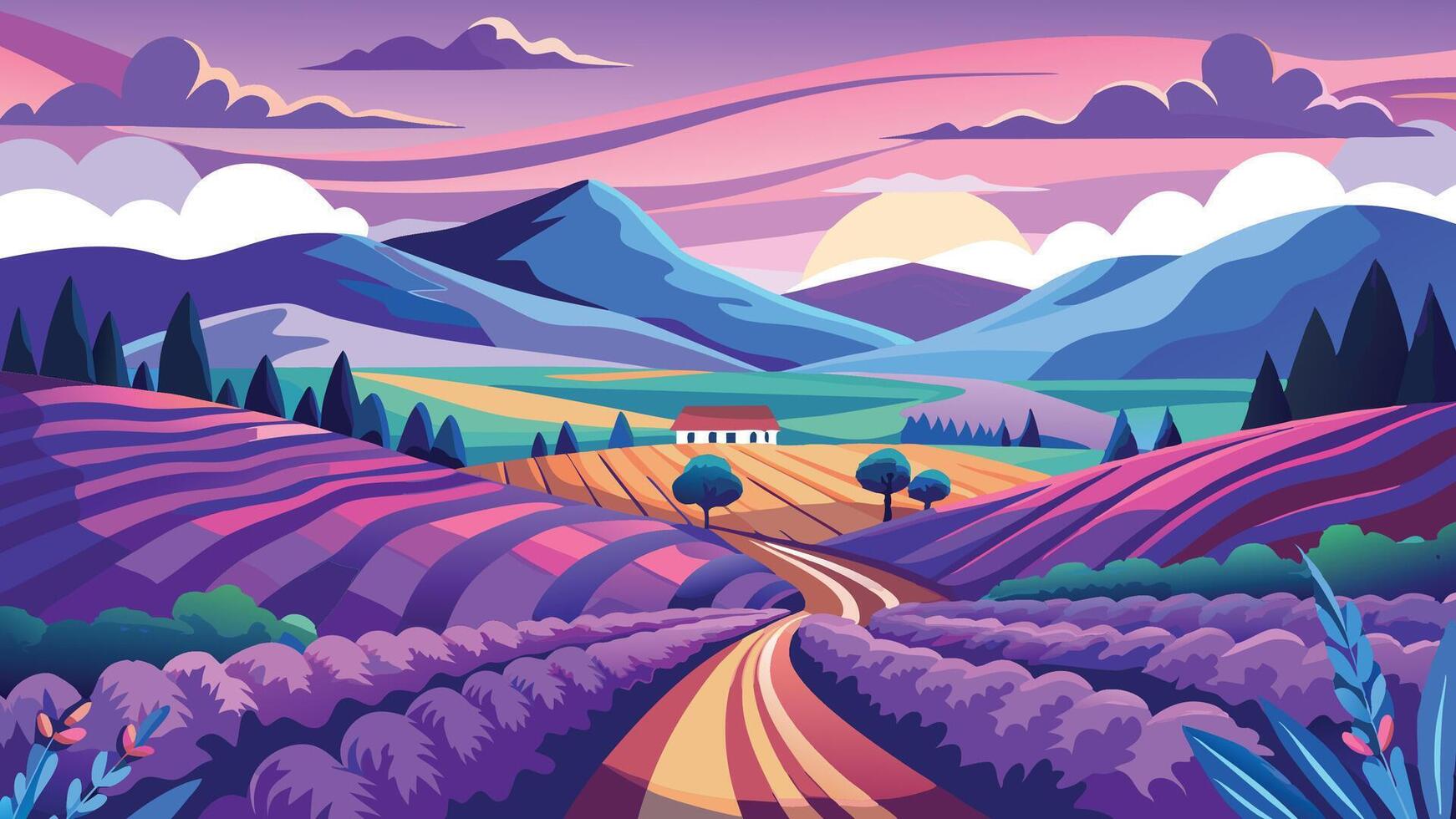 Serene Lavender Fields Rolling Hills Sunset Landscape Idyllic Rural Scene vector