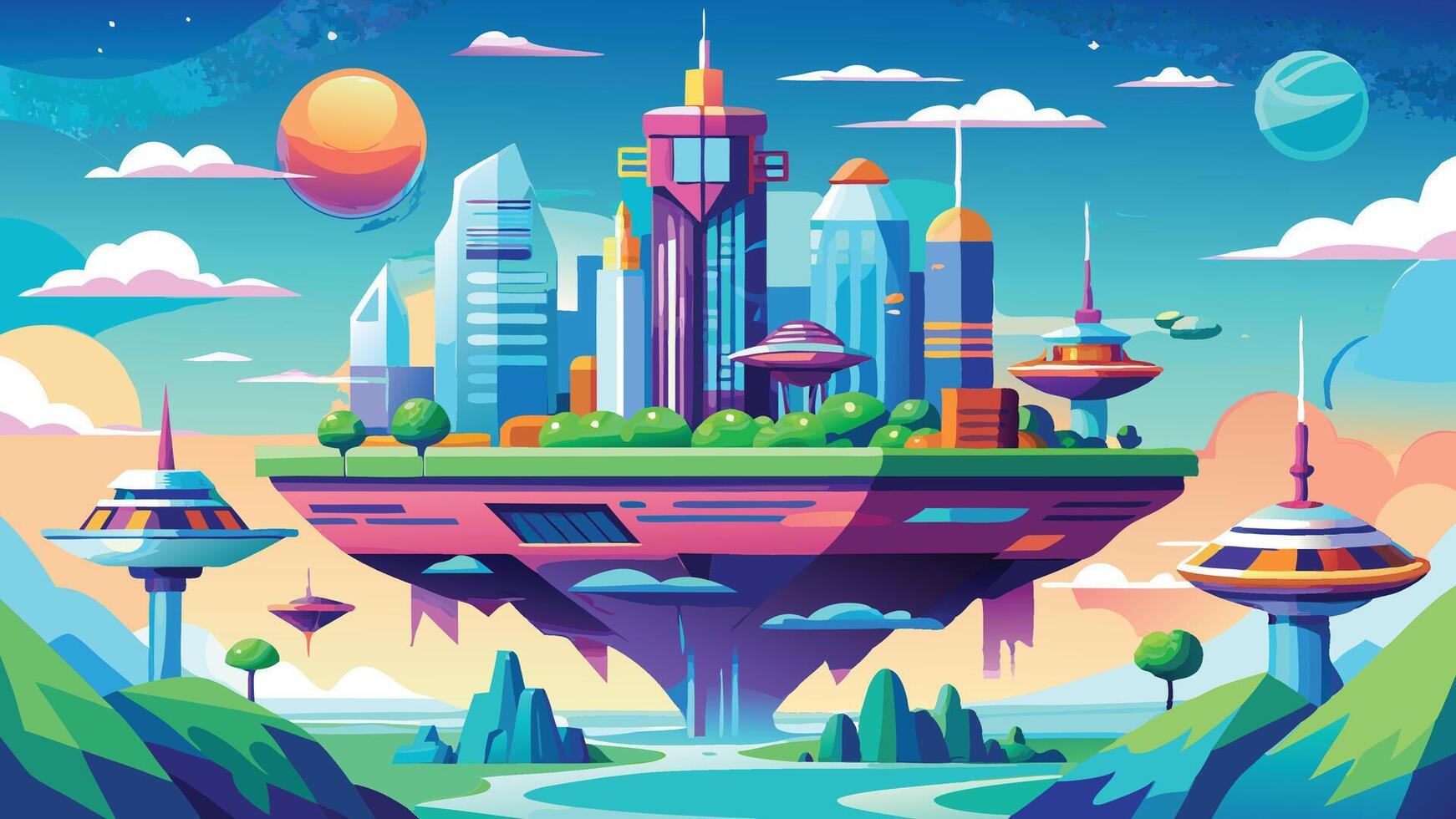 Futuristic Floating City Island Vibrant Cartoon Illustration of a Modern Sci Fi Metropolis vector
