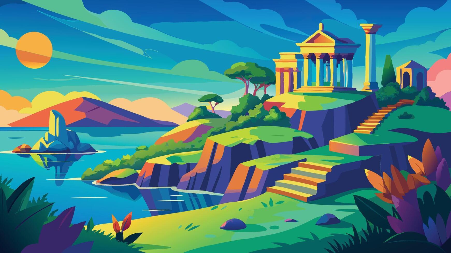 Idyllic Seaside Temple Vibrant Landscape Illustration with Steps and Cliffs vector