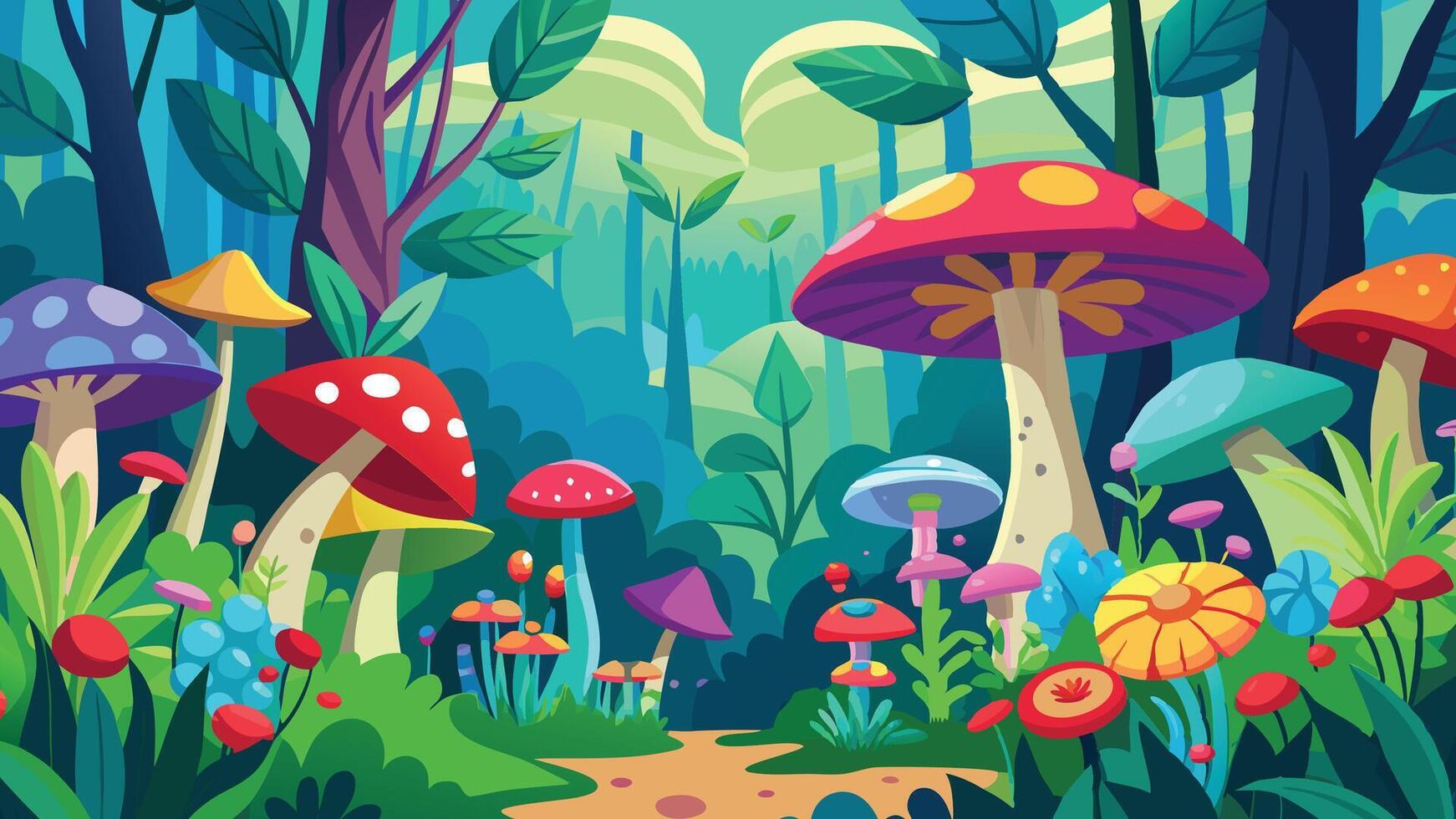 Vibrant Colorful Mushrooms in Fantasy Forest Illustration Digital Art vector