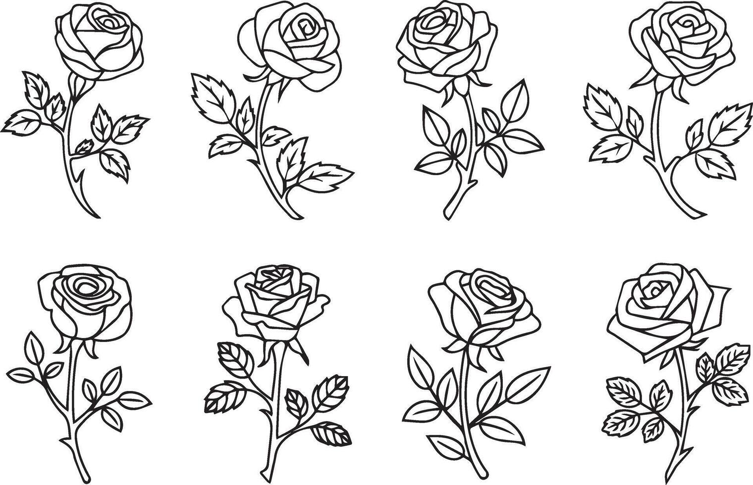 A set of rose flower doodle style silhouette illustration, rose flower single line arts. vector