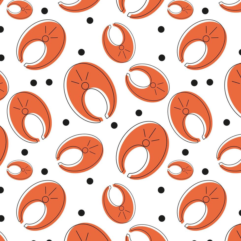 Seamless pattern of salmon steak with black spots, illustration, repeating pattern with fish on a white background, salmon fillet texture vector