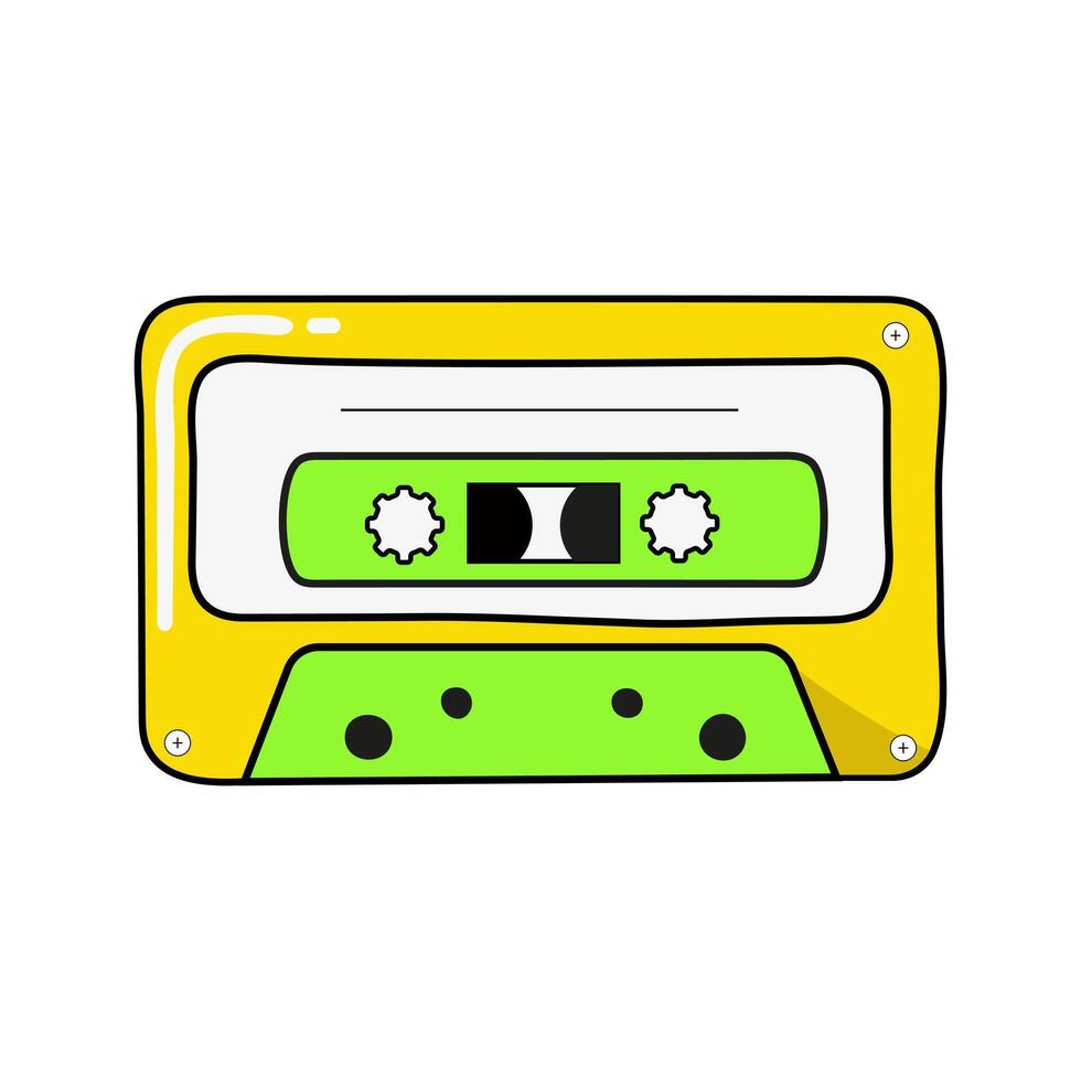 Illustration of retro audio cassette, bright y2k style sticker isolated on white background for sticker, patch, background, invitation, banner, for t-shirt in hand drawn style, 80s 90s doodle vector