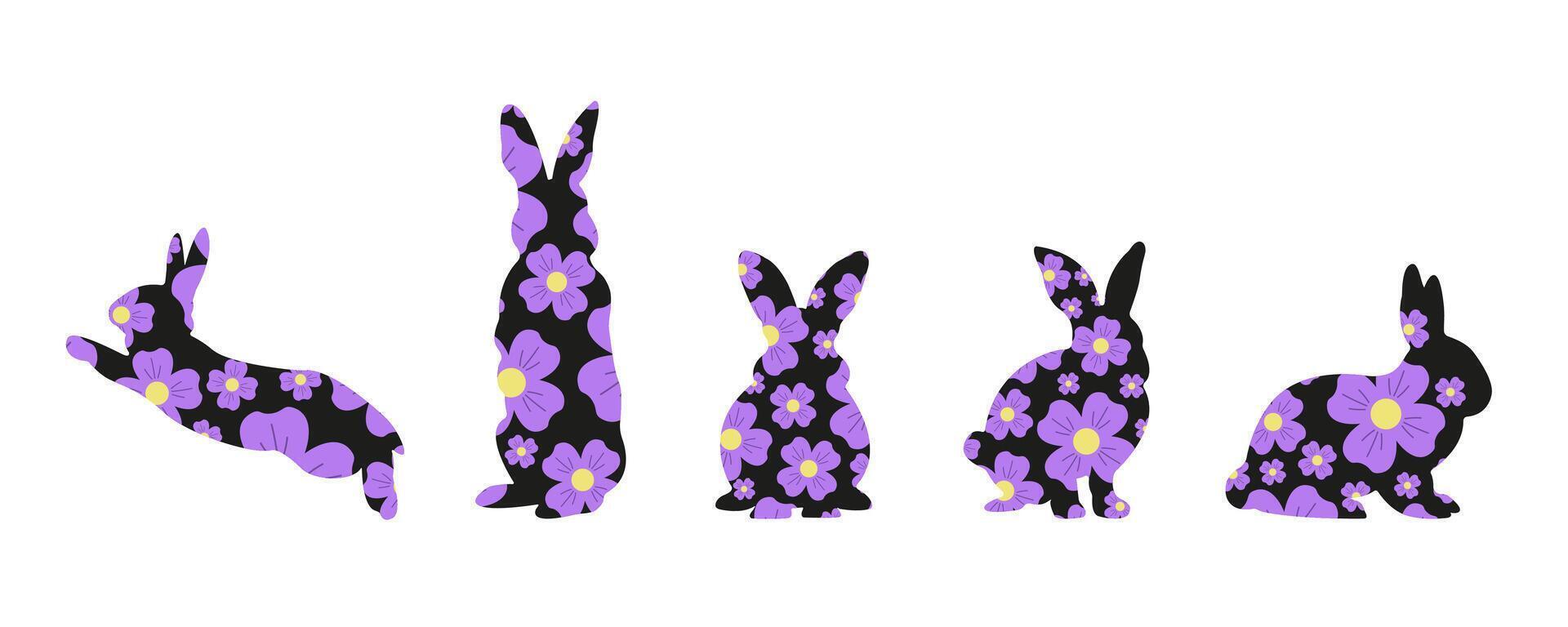 Happy Easter Set. Patterned Easter Bunnies with Flowers. Folk Style Patterned Design. Rabbits with Flowers for Posters Banners Design, Sales, Cards, Invitations, Parties. Modern Illustration. vector
