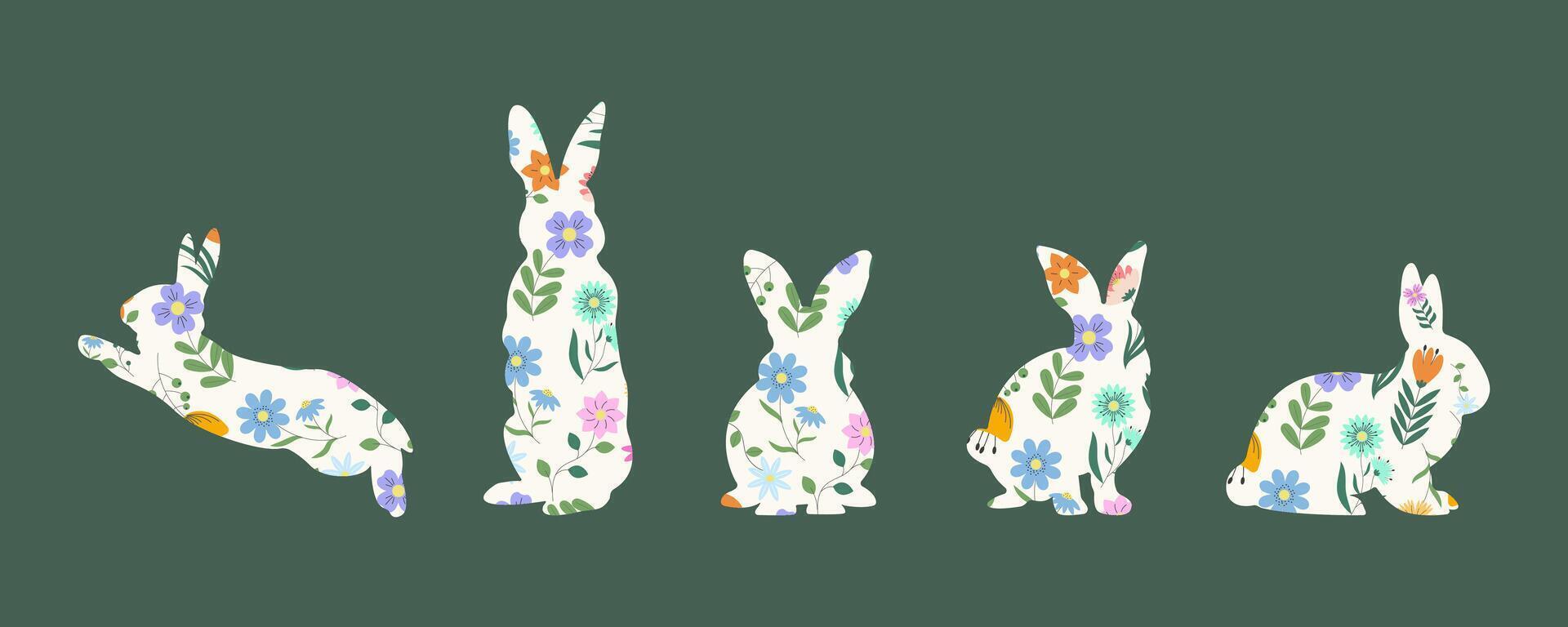 Happy Easter. Patterned Easter Bunnies with Flowers. Folk Style Patterned Design. Rabbits with Flowers for Posters Banners Design, Sales, Cards, Invitations, Parties. Modern Illustration. vector