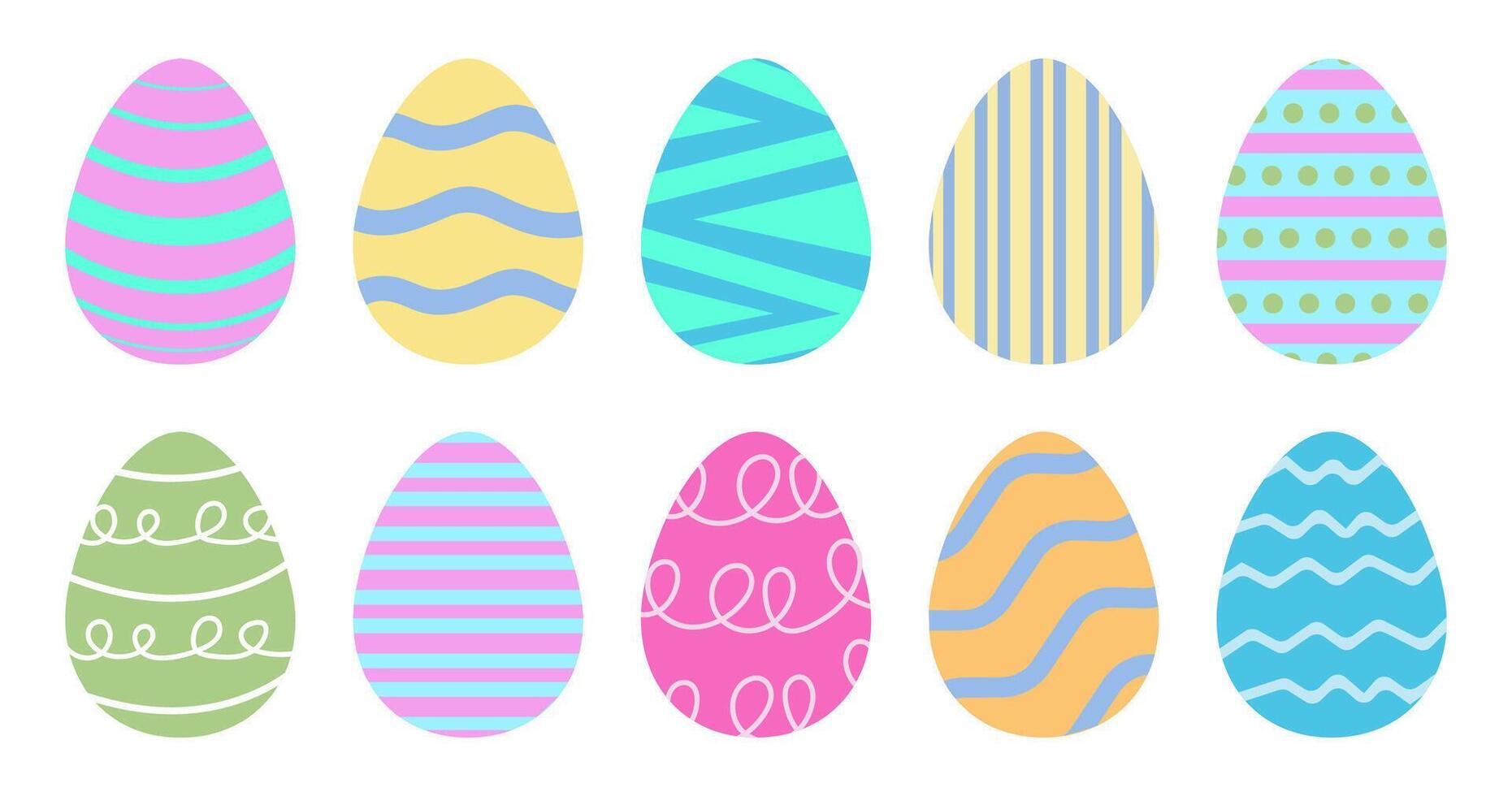 Easter Eggs. Happy Easter. Cute Eggs Drawing Clipart Icons. Spring Holiday Flat Oval Shape Elements. Clip art Collection in Colorful and Multicolored Paint art for Traditional Christian. vector