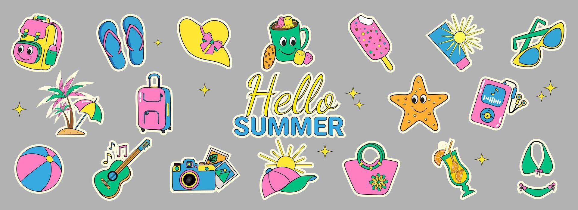 Set Summer Beach Fun Bright Stickers with Hello Summer Inscription, Illustration Y2k Retro Style, Icons for Stickers in Retro Style for Summer Holidays and Parties vector