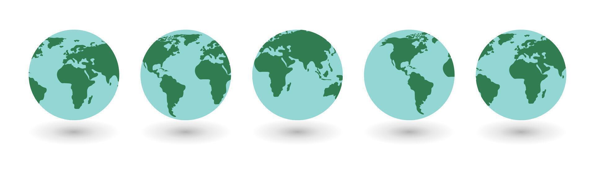 Earth Globe Icons Set Illustration. Collection Globes with World Maps with Shadow on white Background. Set Earth Globe Hemispheres with Continents. International Earth Day. vector