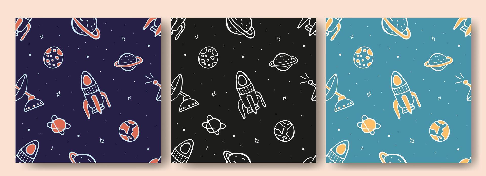 Space Pattern Set with Doodle or Hand Drawn Icons. Background with Planet, Space, Cosmos, Star, Comet, Rocket for Fabrics, Textiles. Illustration Print of Galaxy. Background Kids Spase Print. vector
