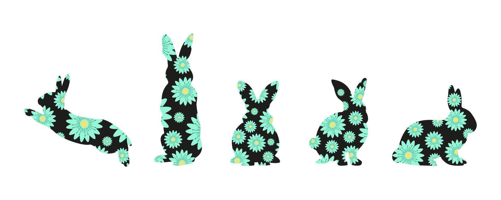 Happy Easter Trendy Illustration.Patterned Easter Bunnies with Flowers. Folk Style Patterned Design. Rabbits with Flowers for Posters Banners Design, Sales, Cards, Invitations, Parties. vector