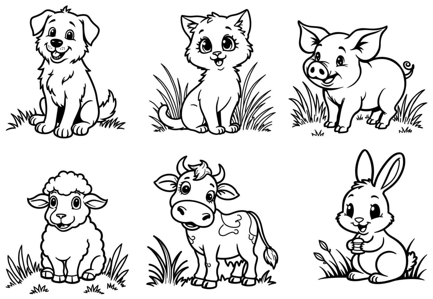 Cute cartoon animals dog, cat, pig, sheep, cow and rabbit vector