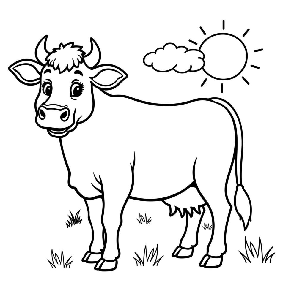 A happy cow standing in a field with the sun and a cloud in a black and white coloring book style vector
