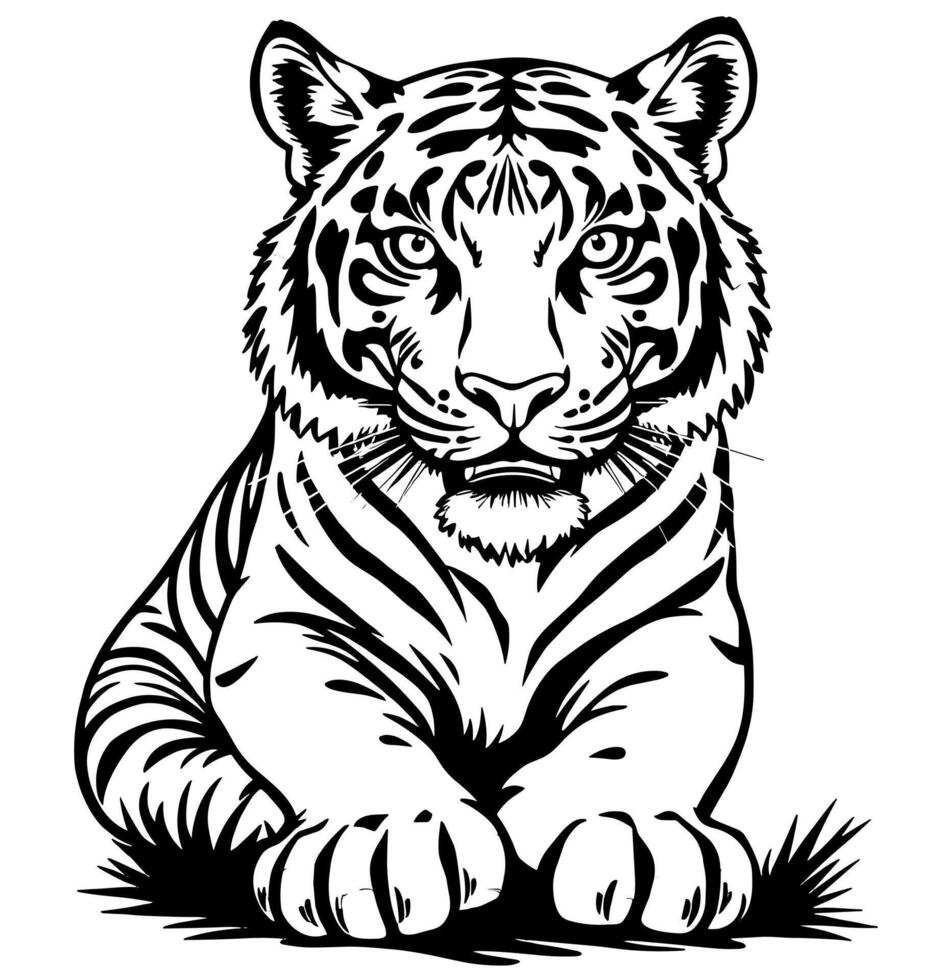 Detailed Black and White Illustration of a Sitting Tiger vector