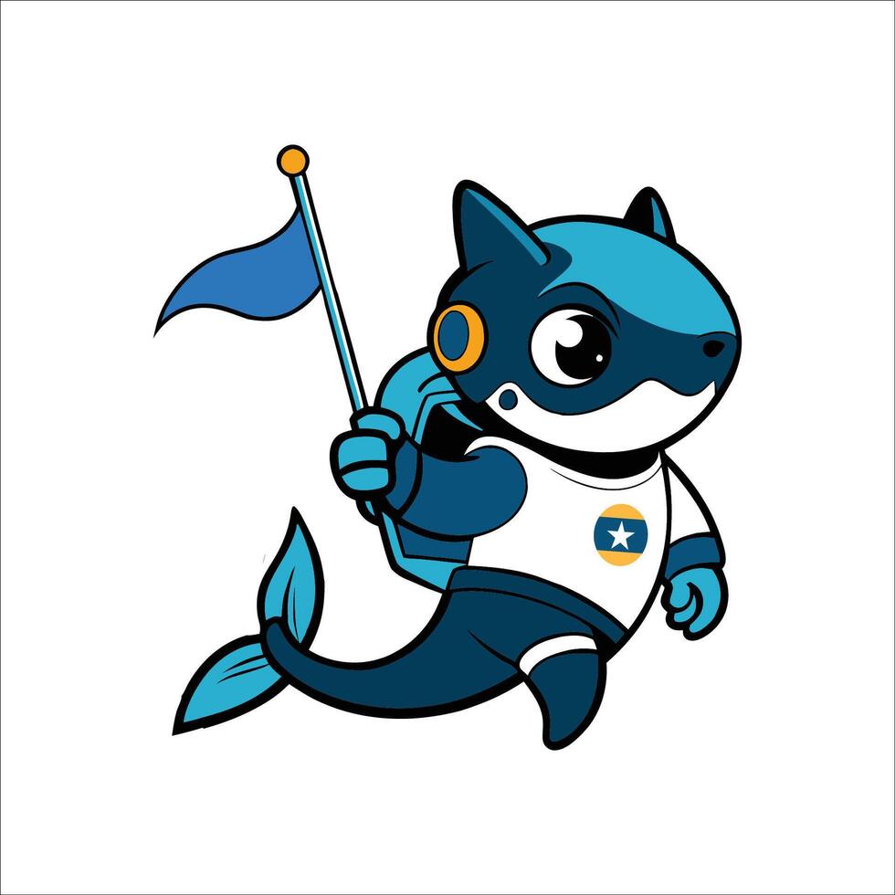 Shark astronaut floating in space planting flag vector