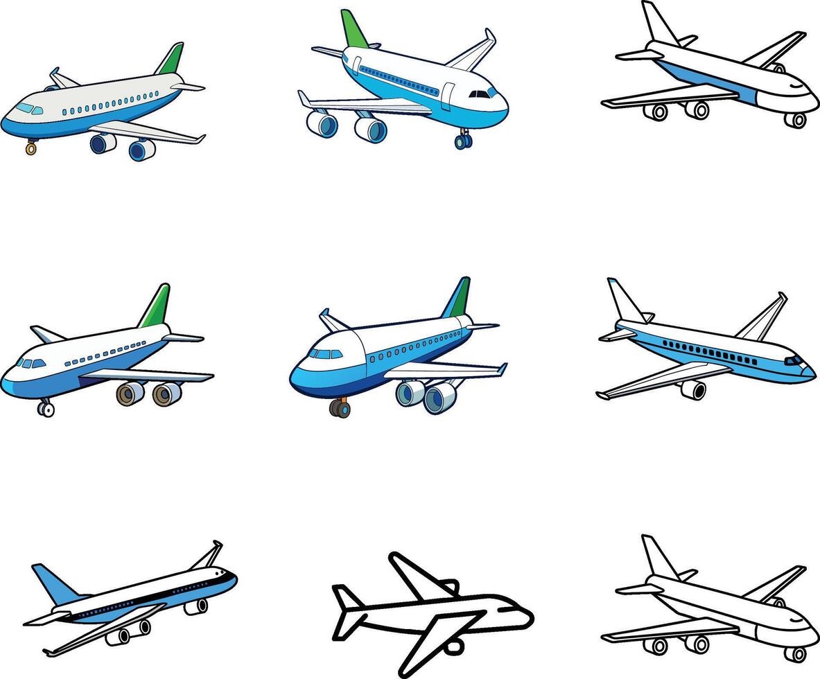 Collection of Airplanes Different Views and Styles vector
