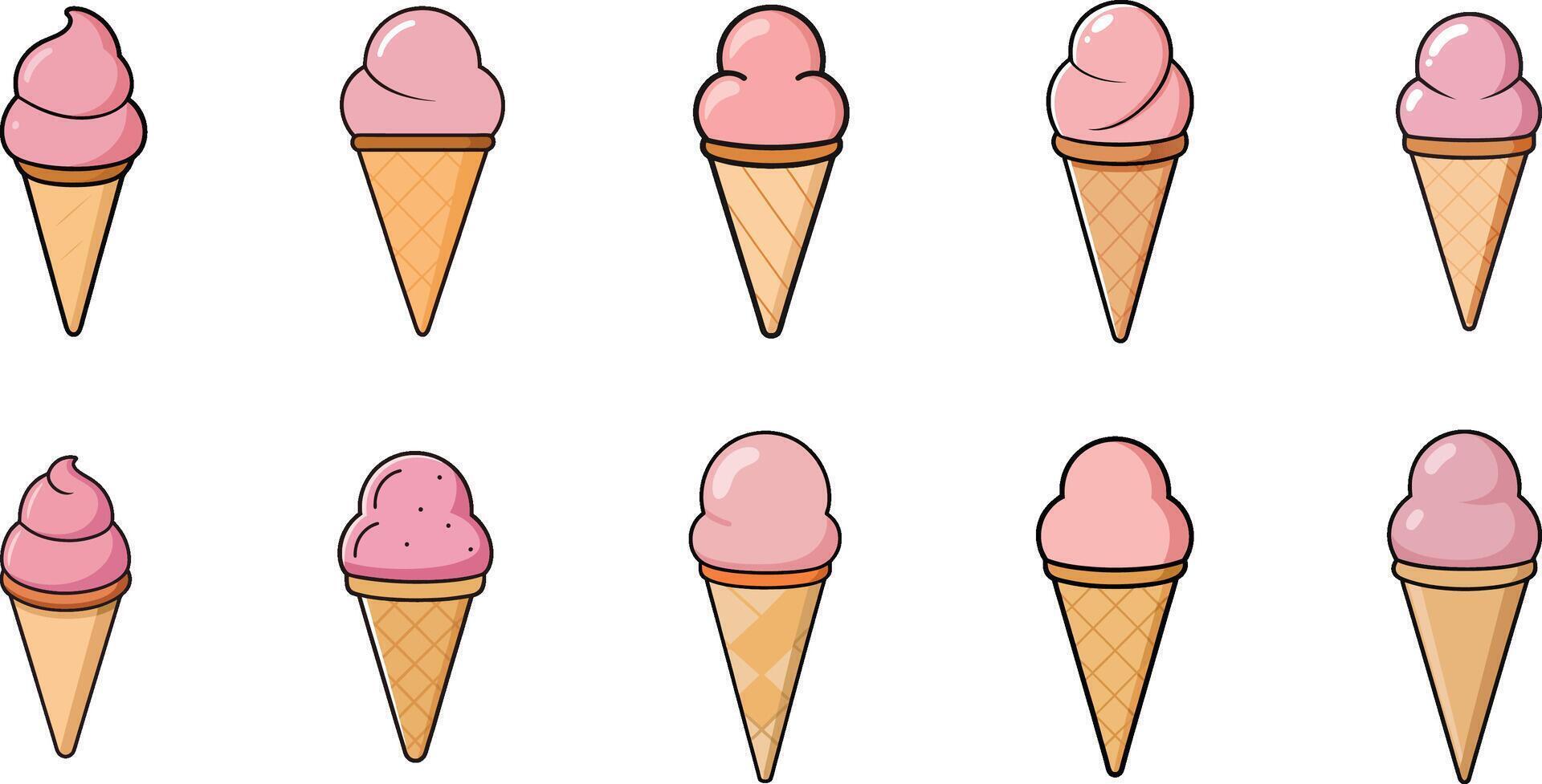 Set of Pink Ice Cream Cones with Waffle Cones vector
