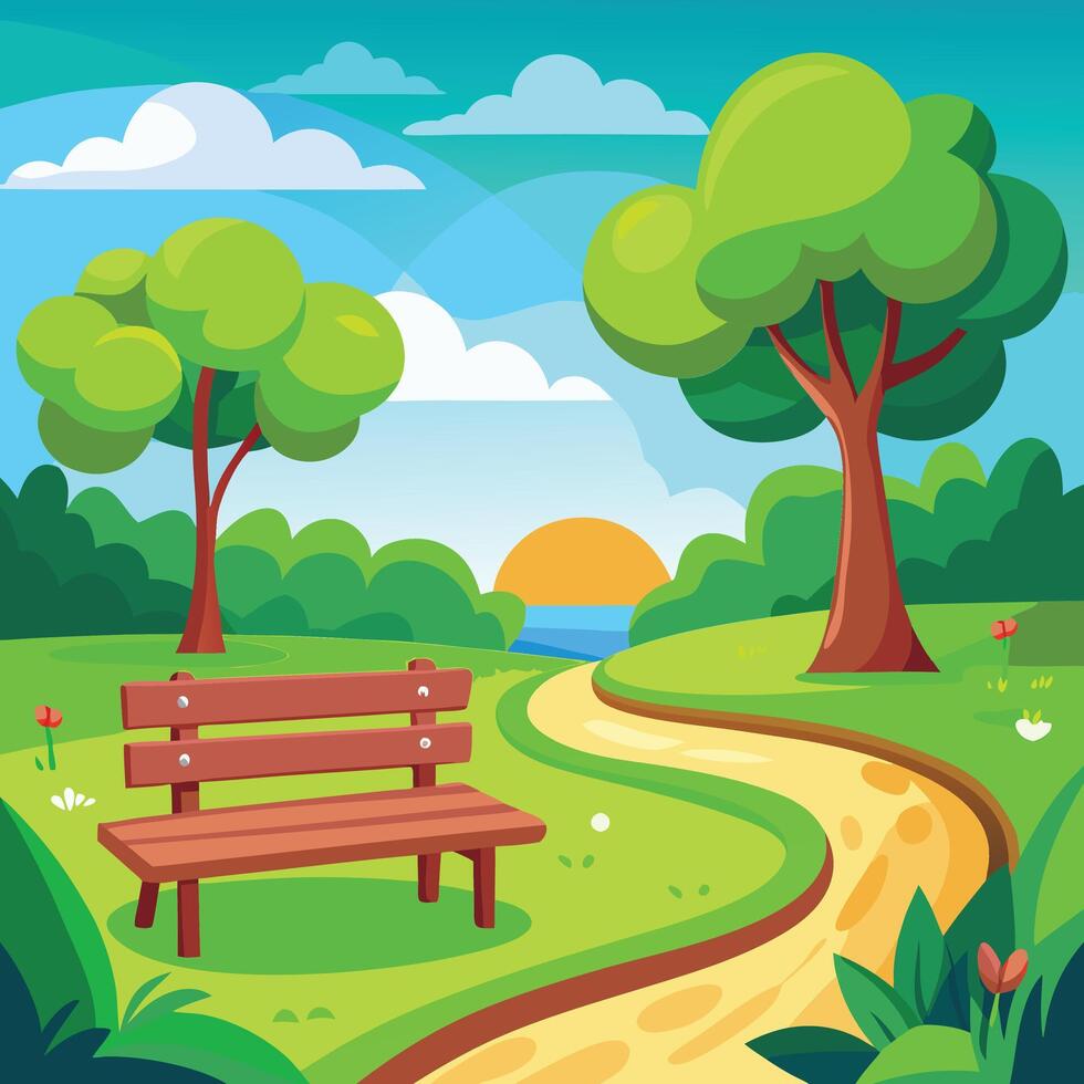 Beautiful Outdoor Park Scene with Bench and Trees vector