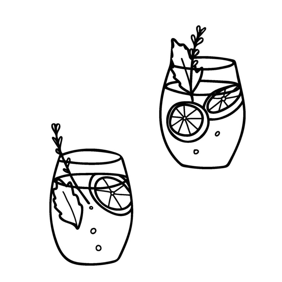 Lemonade Glasses Sketch in doodle style. Refreshing summer drink with lemon, mint and rosemary. illustration isolated on a background. Gin Fizz cocktail. vector