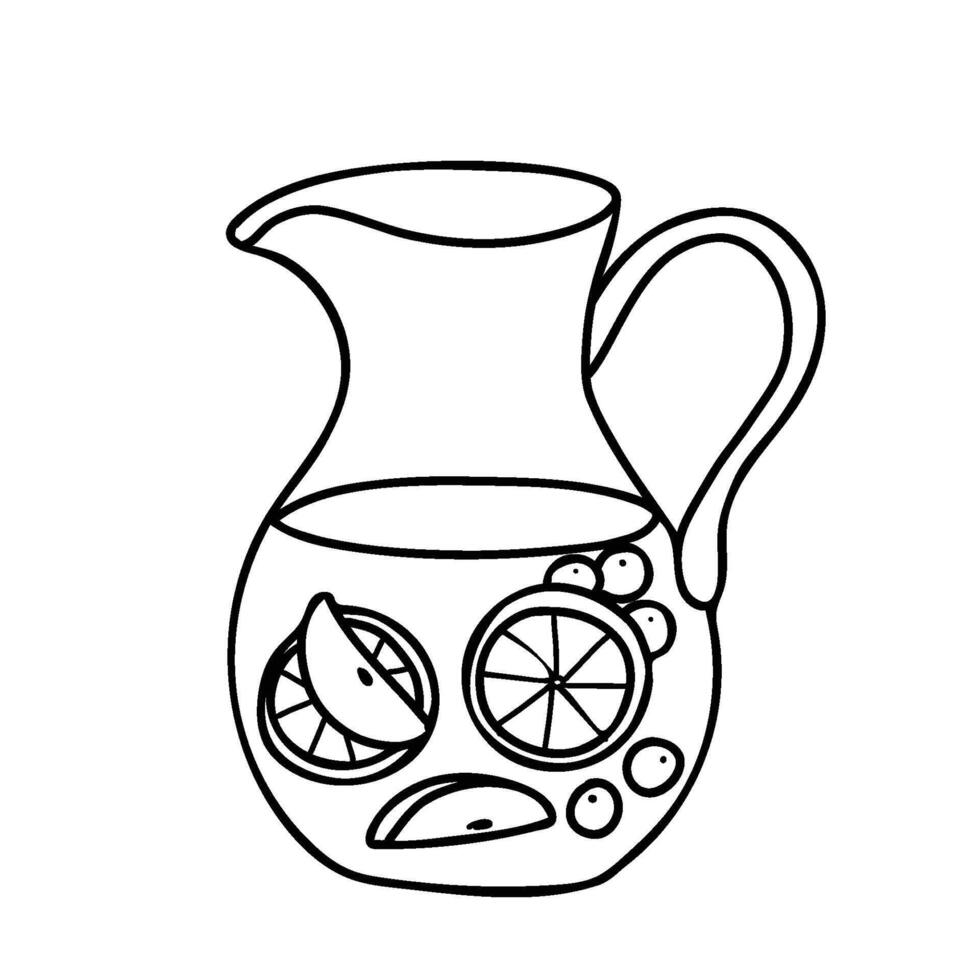 Sangria Cocktail Jug or Pitcher. Summer refreshment beverage with Orange and various Fruits and berries. Hand drawn illustration of Spanish drink in Doodle style isolated on white background. vector