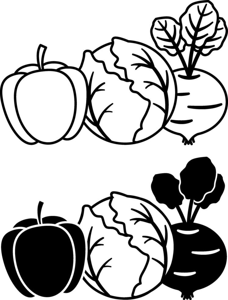 Vegetables Icons. Black and White Illustrations. Sweet Pepper, Cabbage and Turnip. Food, Natural and Organic Product. Grocery Concept vector
