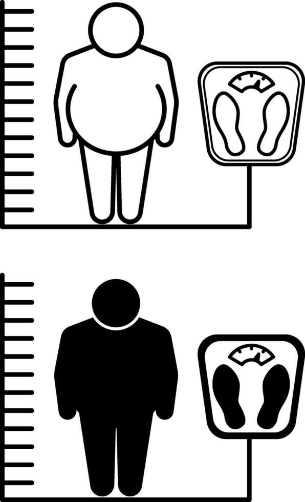 Body Mass Index Icons. Black and White Illustration. Overweight Man, Bathroom Scale and Height Measurement Scale. Healthy Eating. Healthy Lifestyle. Weight Loss Concept vector