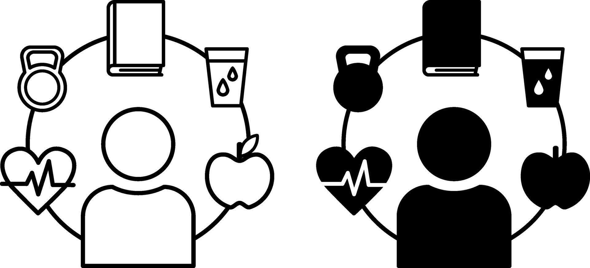Healthy Habits Icons. Black and White Illustration. Man, Heartbeat, Kettlebell, Book, Clean Water and Apple. Healthy Lifestyle, Sports, Hobbies, Water Balance and Proper Nutrition. Weight Loss Concept vector
