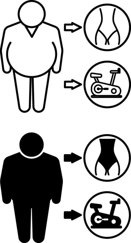 Motivation Icons. Black and White Illustration. Overweight Man Dreams Of Having Slim Body. Exercise Bike For Workout, Fitness. Healthy Lifestyle. Weight Loss Concept vector