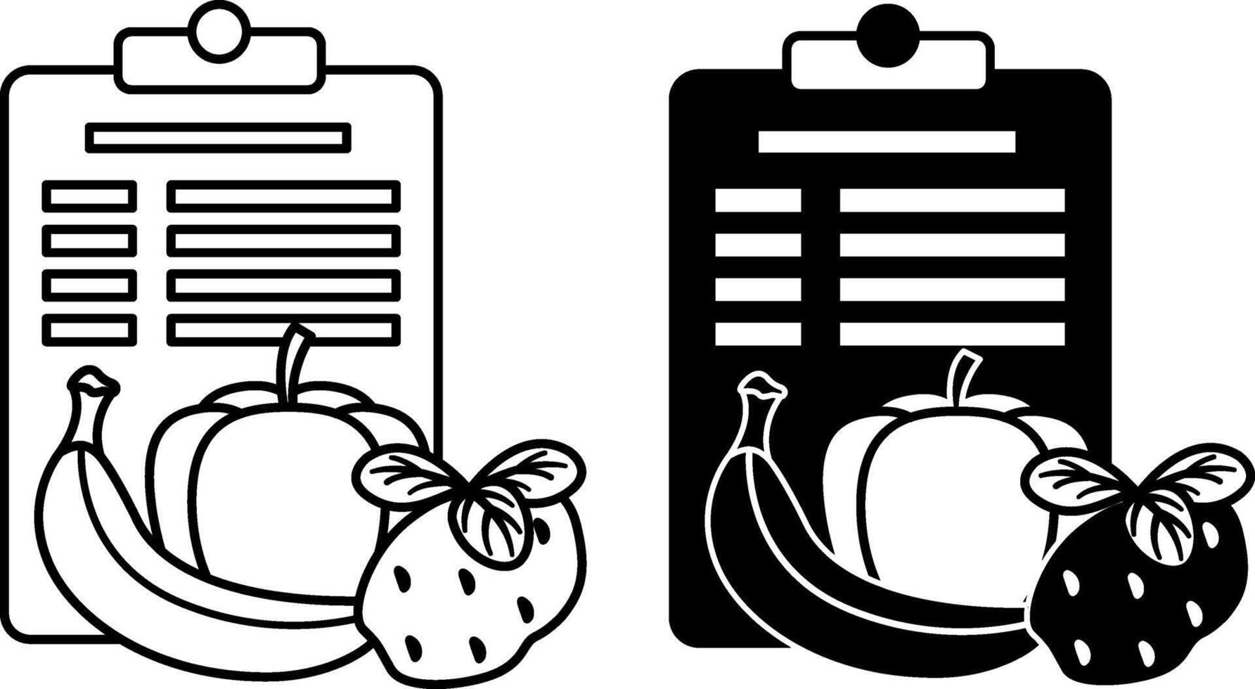 Diet Icons. Black and White Illustration. Healthy Food List, Vegetables and Fruits. Banana, Paprika, Potato and Basil. Healthy Lifestyle, Proper Nutrition. Weight Loss Concept vector
