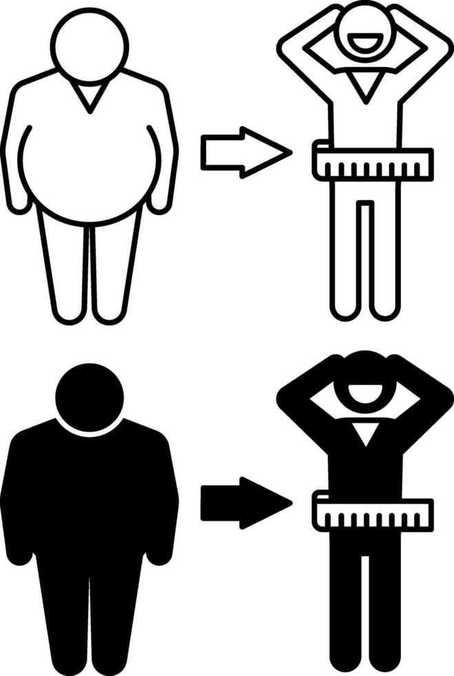 Reduce Weight Icons. Black and White Illustration. Overweight Man and Lose Weight Man. Healthy Lifestyle. Weight Loss Concept vector