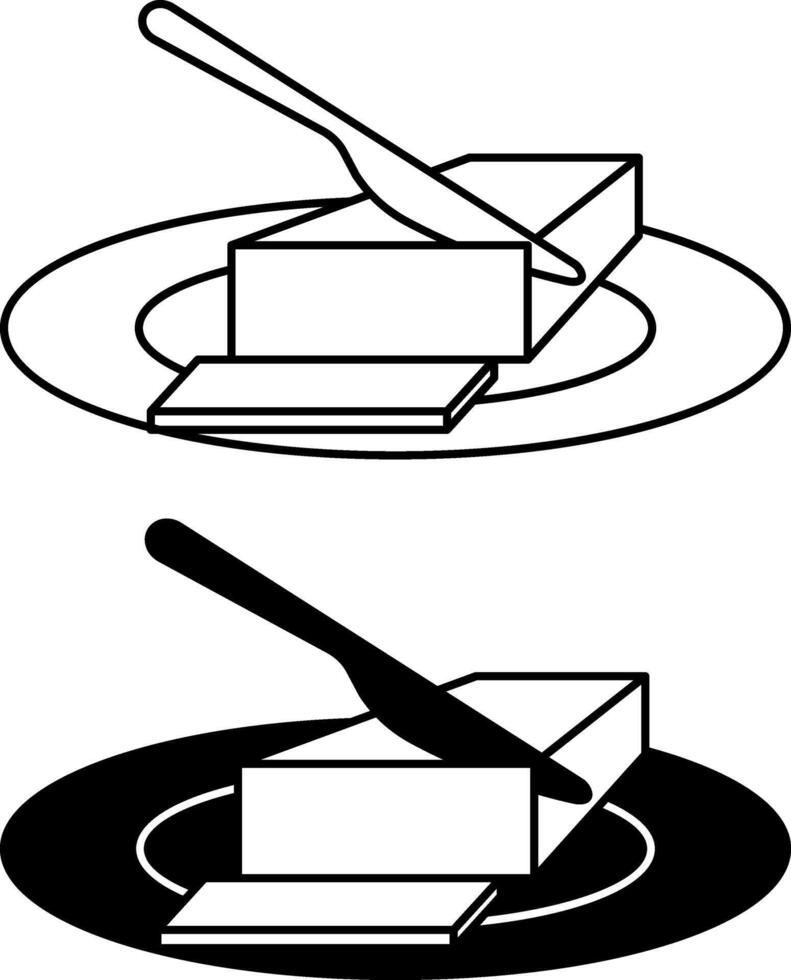 Butter Icons. Black And White Illustrations. Kitchen Knife Cuts Piece Of Butter On Plate. Food, Dairy Product. Grocery Concept vector