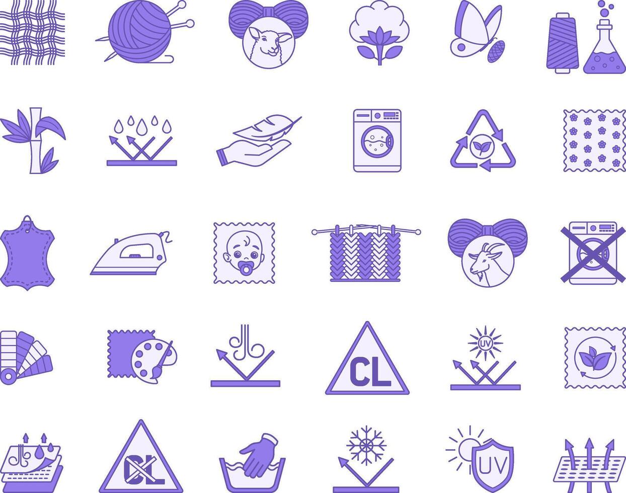 Colored Icons Material Characteristics. Illustrations Textile, Leather, Yarn, Cotton, Silk, Wool, Cashmere, Synthetic Knitted, Bamboo, Waterproof, Breathable, Eco-Friendly, For Kids, and More vector