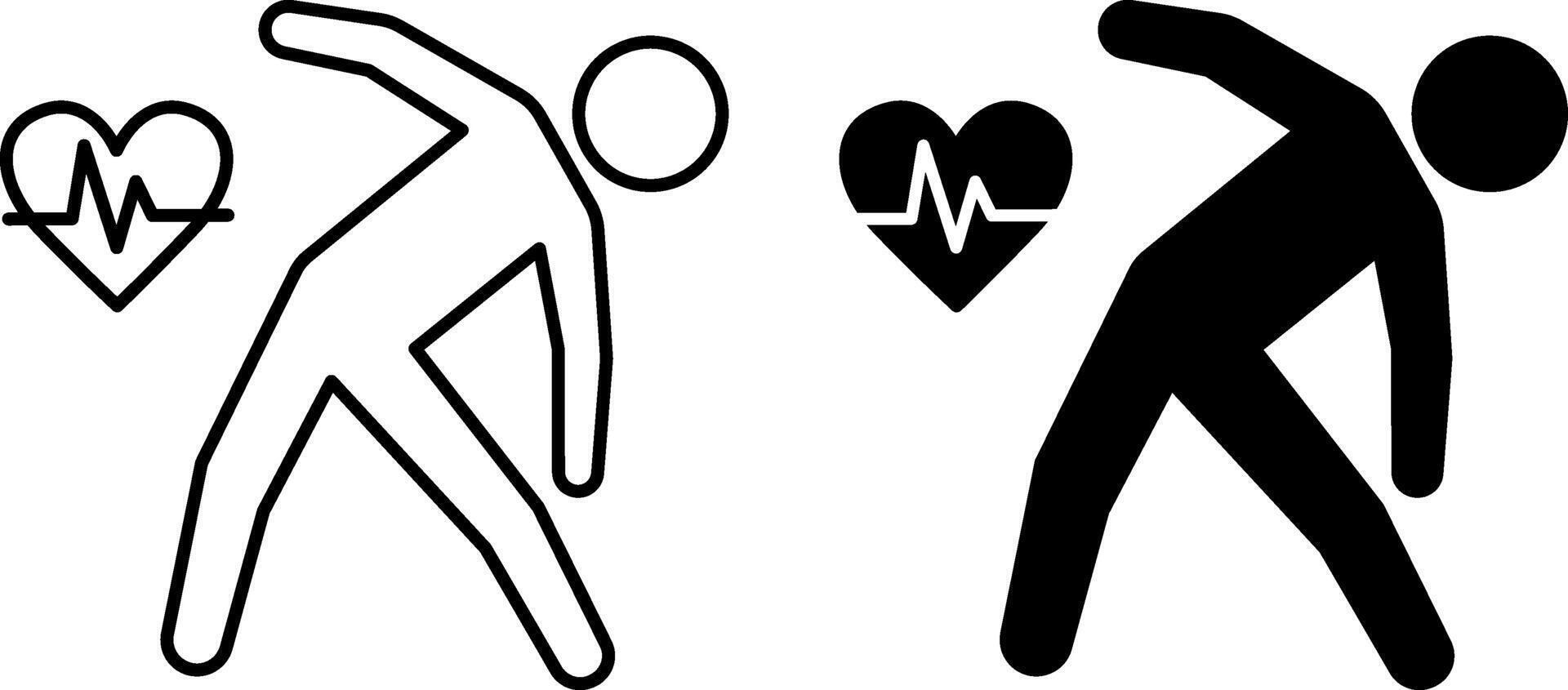 Exercise Icons. Black and White Illustration. Man Doing Bends and Heartbeat. Fitness, Sport. Healthy Lifestyle. Weight Loss Concept vector