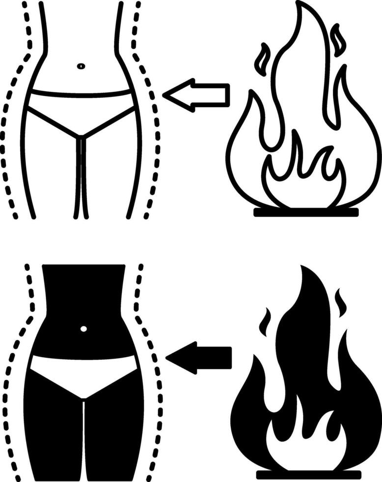 Fat Burning Icons. Black and White Illustrations. Slim Figure and Burning Fire. Fitness, Healthy Eating. Healthy Lifestyle. Weight Loss Concept vector