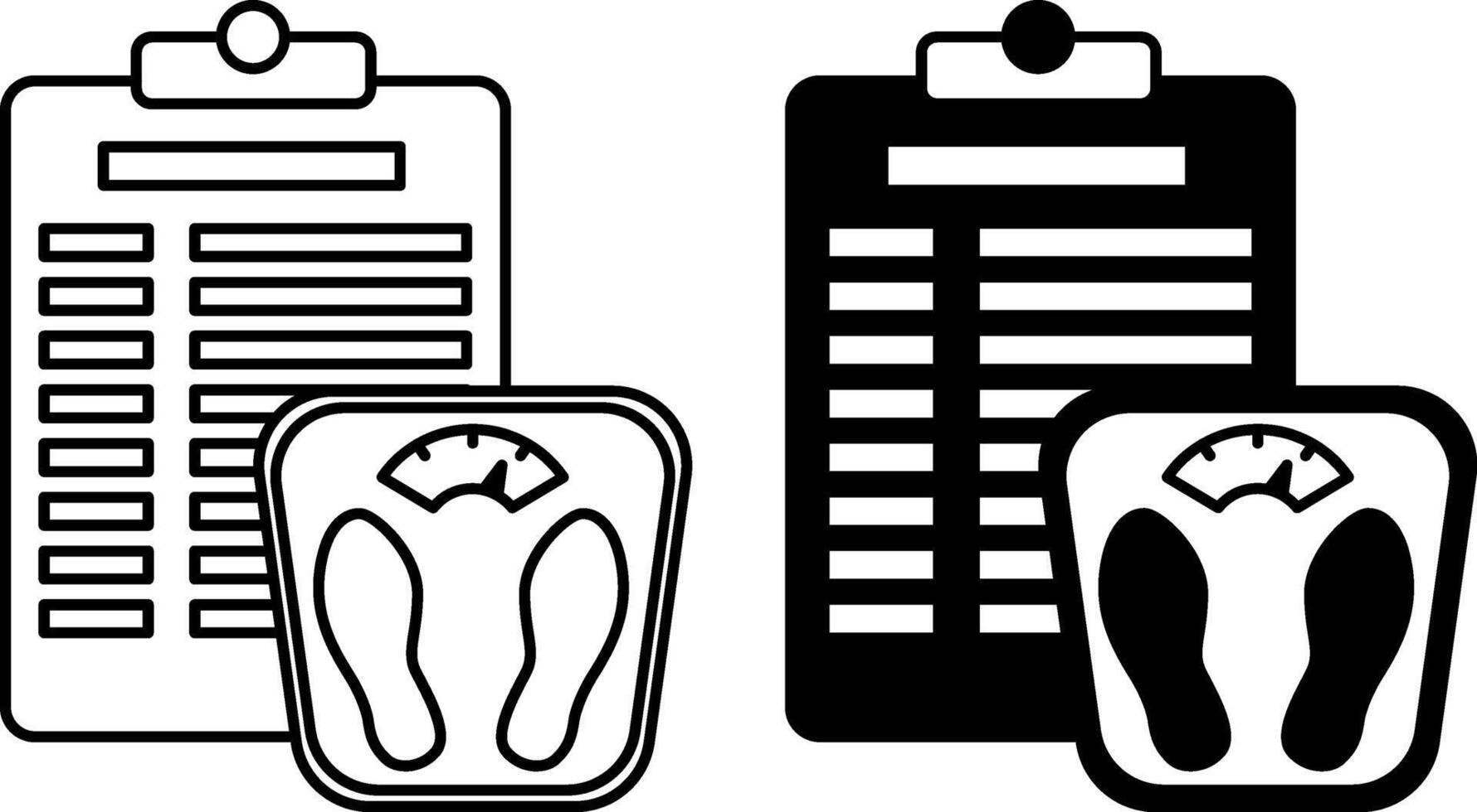 Manage Weight Icons. Black and White Illustration. Healthy Food List and Bathroom Scale. Healthy Lifestyle, Proper Nutrition. Weight Loss Concept vector