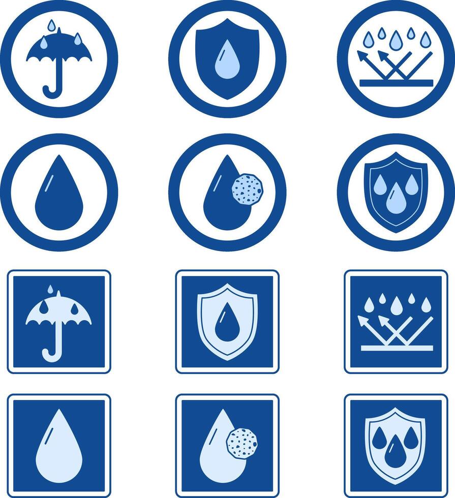 Blue Water and Dust Resistant Labels. Icons for Packaging, Stickers. Material Protective from Water, Sweat and Dust vector