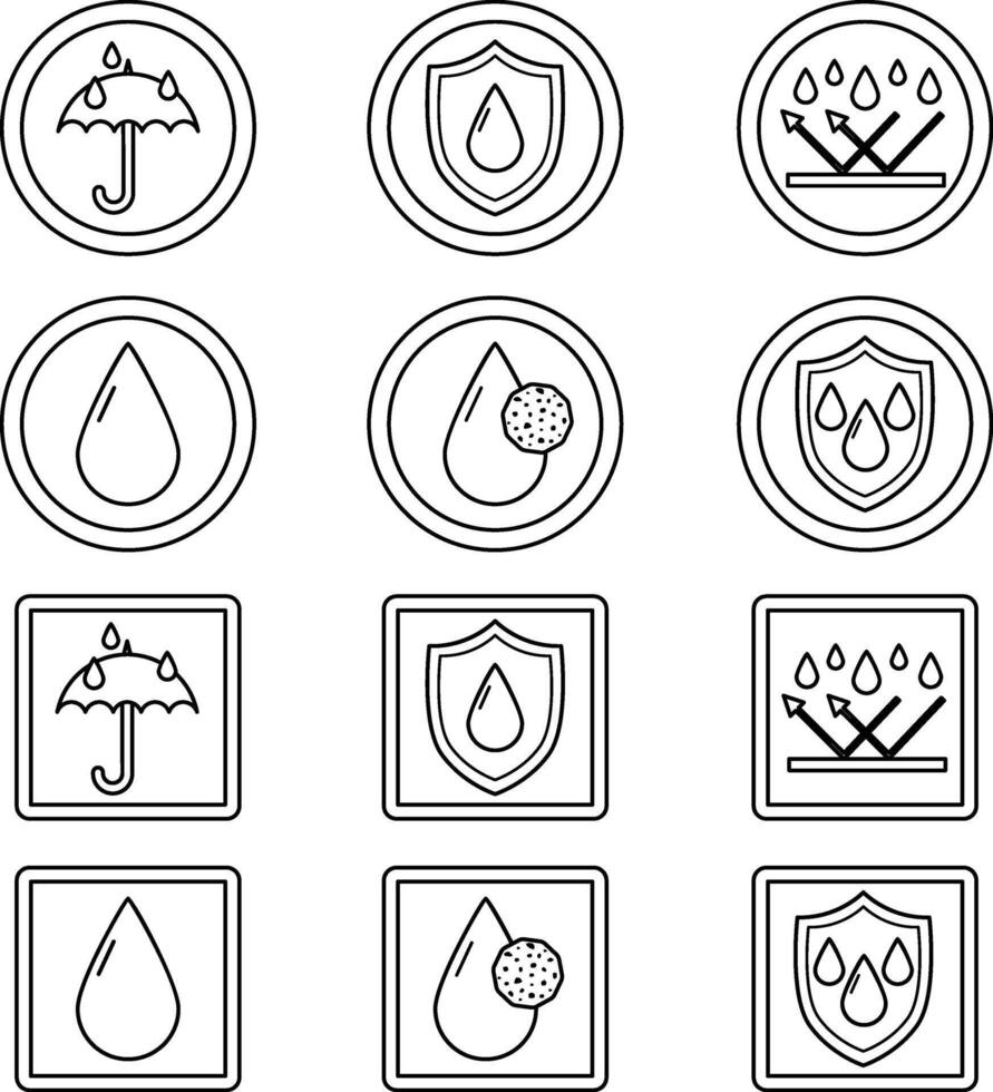 Water and Dust Resistant Labels. Icons for Packaging, Stickers. Material Protective from Water, Sweat and Dust vector