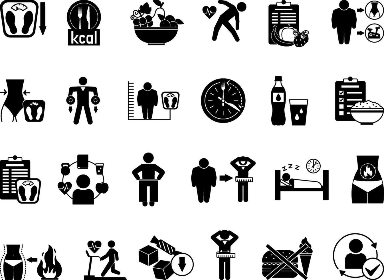 Black Weight Loss Icon Set. Illustrations Diet, Bathroom Scale, Calories, Healthy Eating, Fat Burning, Body Measurements, Exercise, Strength Training, Metabolism, BMI, Water Intake and Others vector