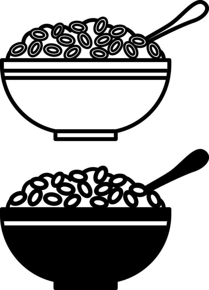 Cereal Icons. Black and White Illustration. Cooked Cereal in Bowl and Spoon. Food, Healthy Breakfast Product. Grocery Concept vector