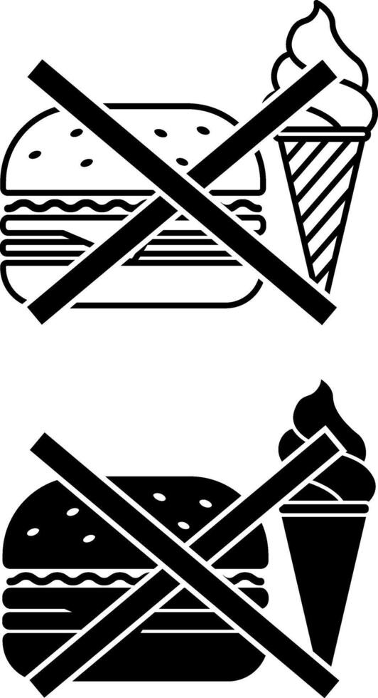 No Cheat Meals Icons. Black and White Illustrations. Hamburger and Ice Cream Forbidden. Healthy Eating. Healthy Lifestyle. Weight Loss Concept vector